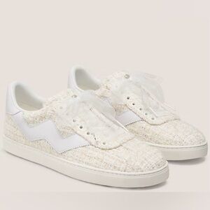 Stuart Weitzman NWT Daryl Cream White Tweed Leather Sneakers‎ with Ribbon Laces